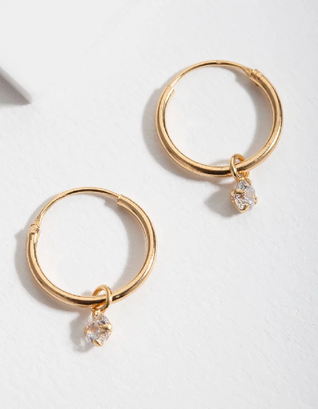 Embellished Earrings-Gold Plated Sterling Silver Cubic Zirconia Dangle Hoop Earrings