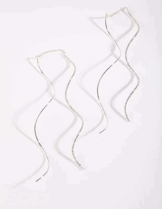 Silver Circle Earrings-Silver Double Wave Thread Through Earrings