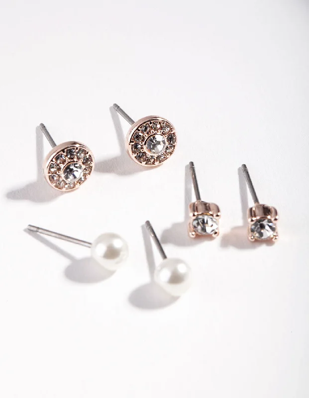 Multi-Layer Earrings-Rose Gold Diamante Pearl Stud Earrings