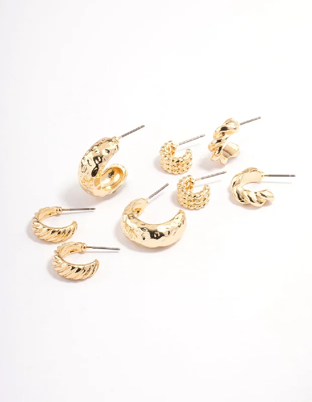 Flower Earrings-Gold Plated Molten Multi Hoop Earrings 4-Pack