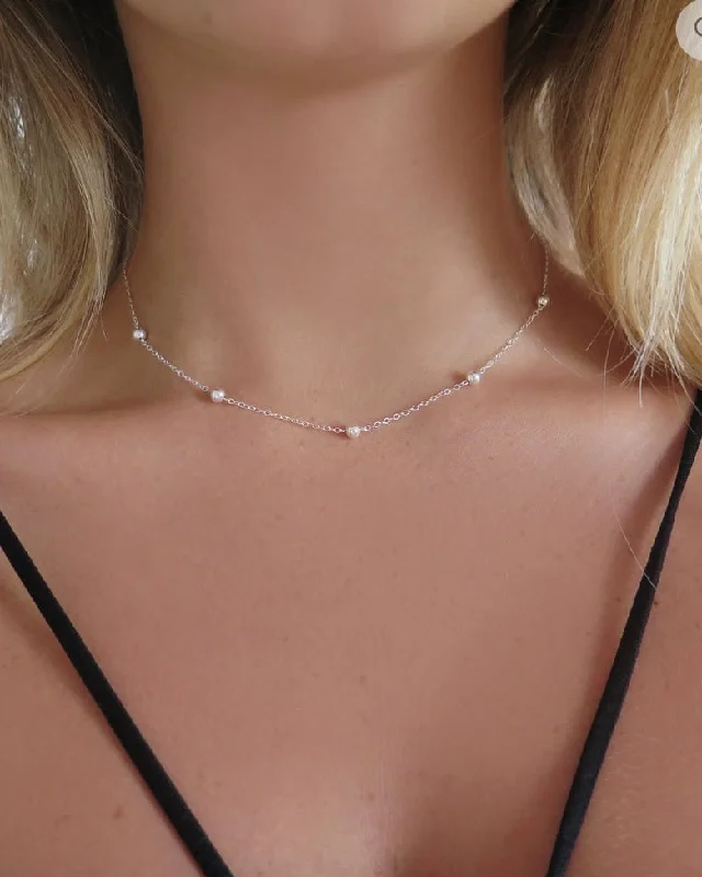 Elegant Diamond Necklace-Five Bead Necklace  - Sterling Silver