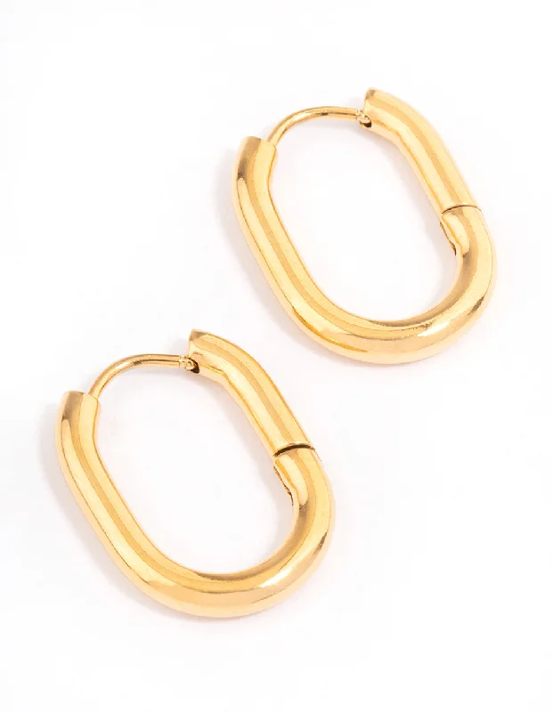 Geometric Hoop Earrings-Waterproof Gold Plated Stainless Steel Plain Oval Huggie Hoops