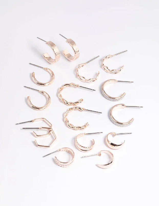 Embellished Drop Earrings-Rose Gold Textured Glitter Hoop Earring 8-Pack