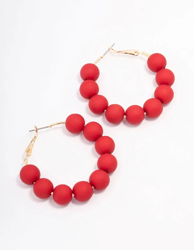 Simple Drop Earrings-Red Coated Ball Hoop Earrings