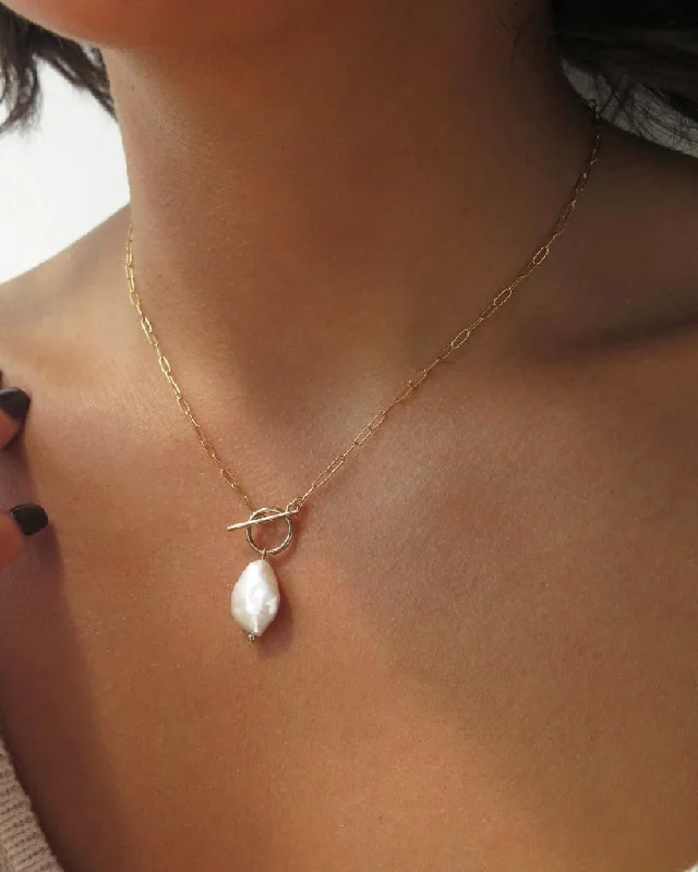 Simple Gold Crystal Necklace-Freshwater Pearl Toggle Drawn Cable Necklace