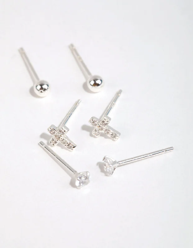 Natural Stone Earrings-Sterling Silver Cross & Diamante Stud Earring Pack