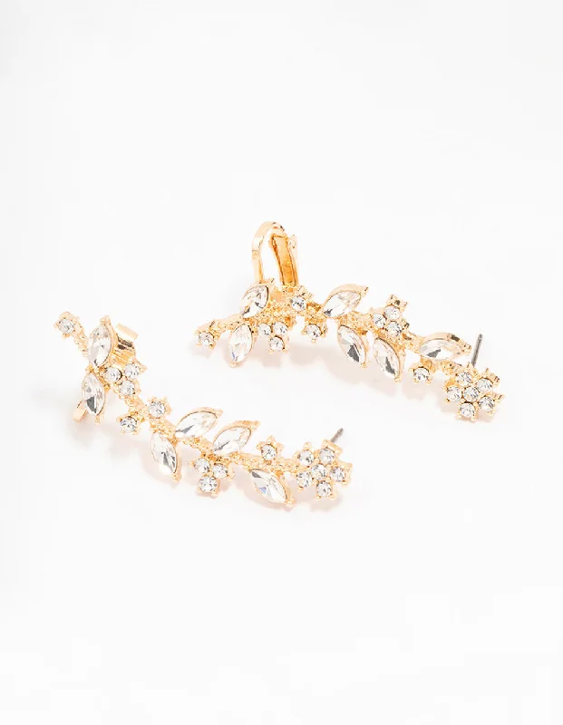 Stud Earrings for Women-Gold Diamante Flower Leaf Cuff Earrings