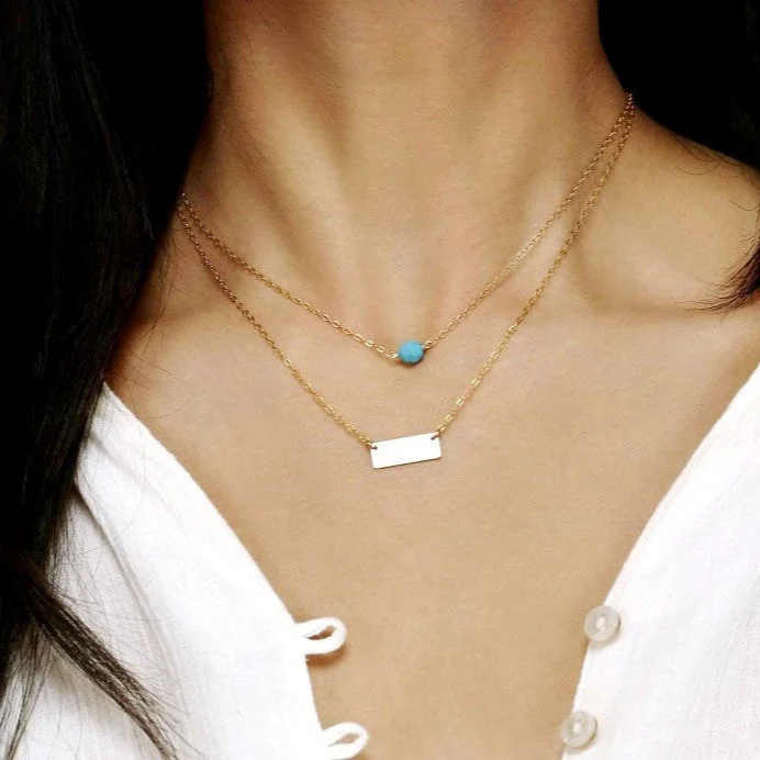 Simple Long Pendant Necklace-Birthstone and Mini Bar Pendant Layered Necklace Set