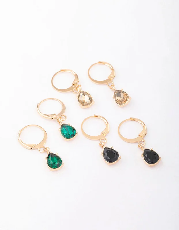 Vintage Gold Earrings-Gold Drop Pear Diamante Huggie Earring 3-Pack