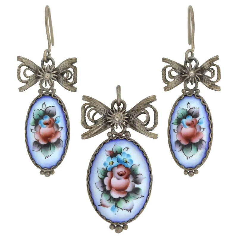 Elegant Swarovski Earrings-Art Deco Sterling Hand-Painted Porcelain Earrings + Pendant Set