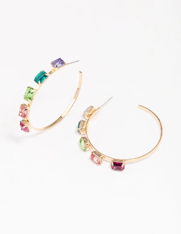 Silver Chain Earrings-Gold Rainbow Cluster Diamante Hoop Earrings