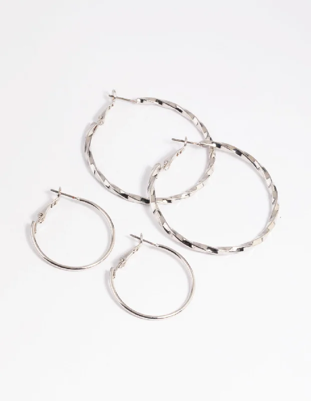 Pear Shaped Earrings-Silver Plain Text Hoop Earring Set