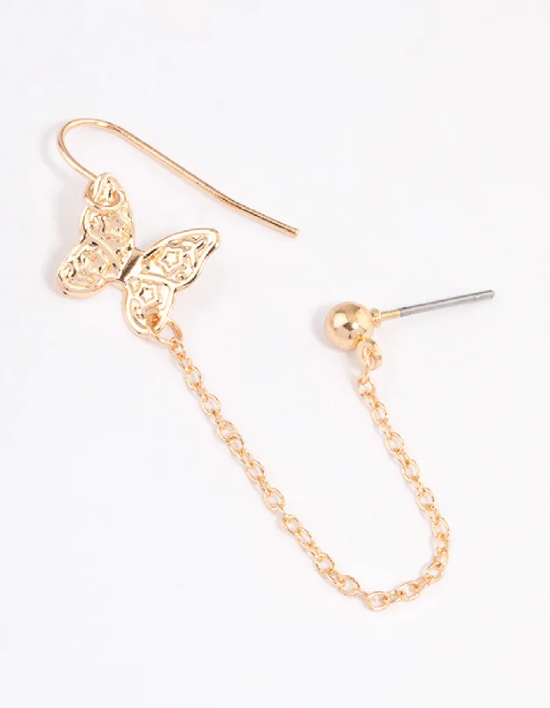 Glamour Diamond Earrings-Gold Butterfly Drop Chain Earrings