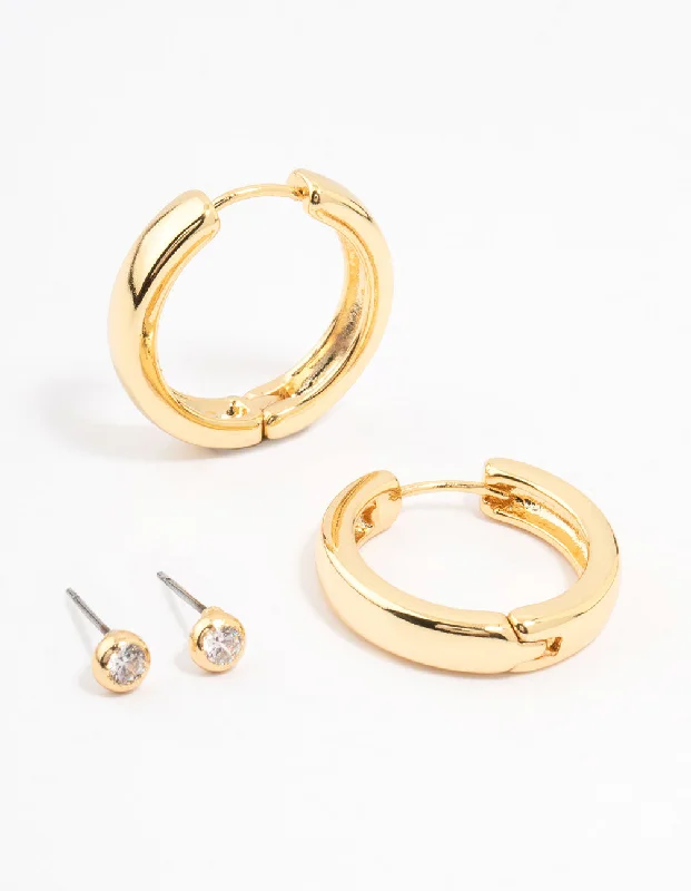 Cute Dangle Earrings-Gold Plated Cubic Zirconia Stud & Large Hoop Earrings 2-Pack