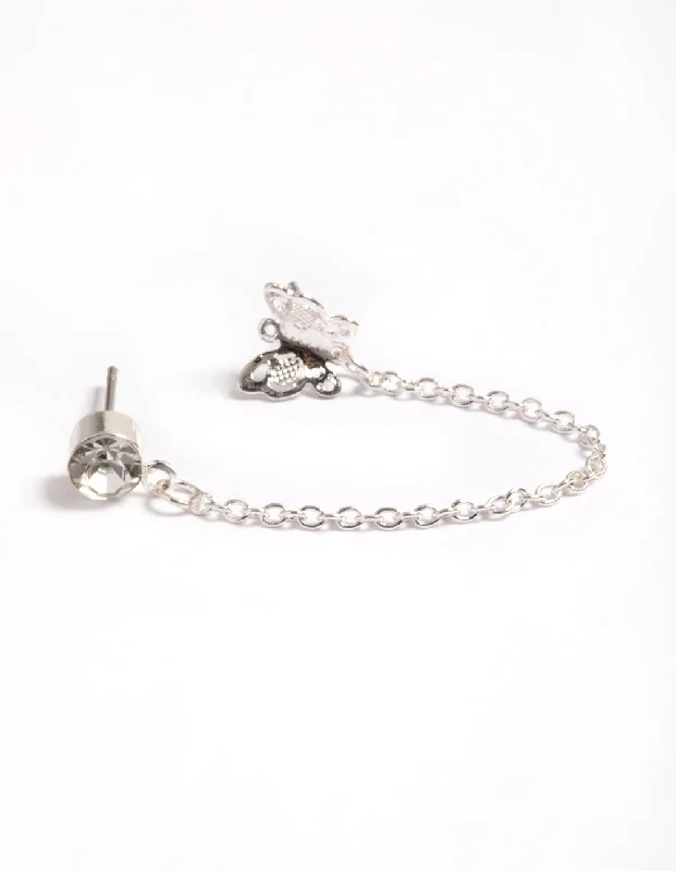 Fashionable Dangle Earrings-Silver Diamante & Butterfly Chain Earrings