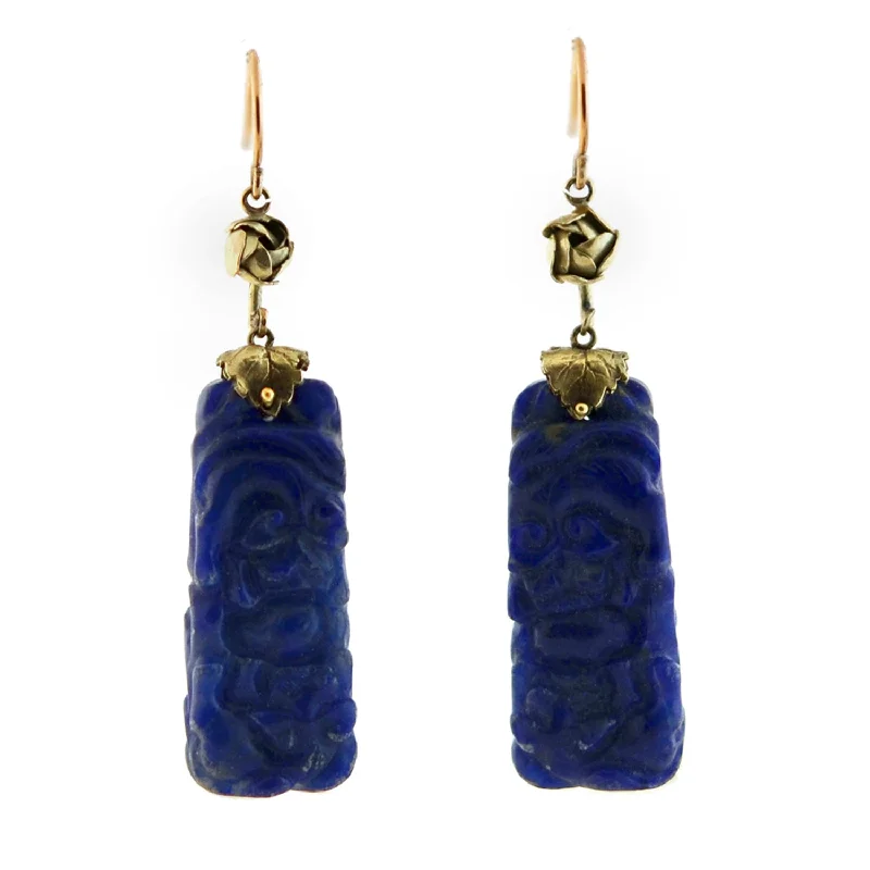 Fancy Drop Earrings-Late Art Deco Chinese 14kt Carved Sodalite Earrings