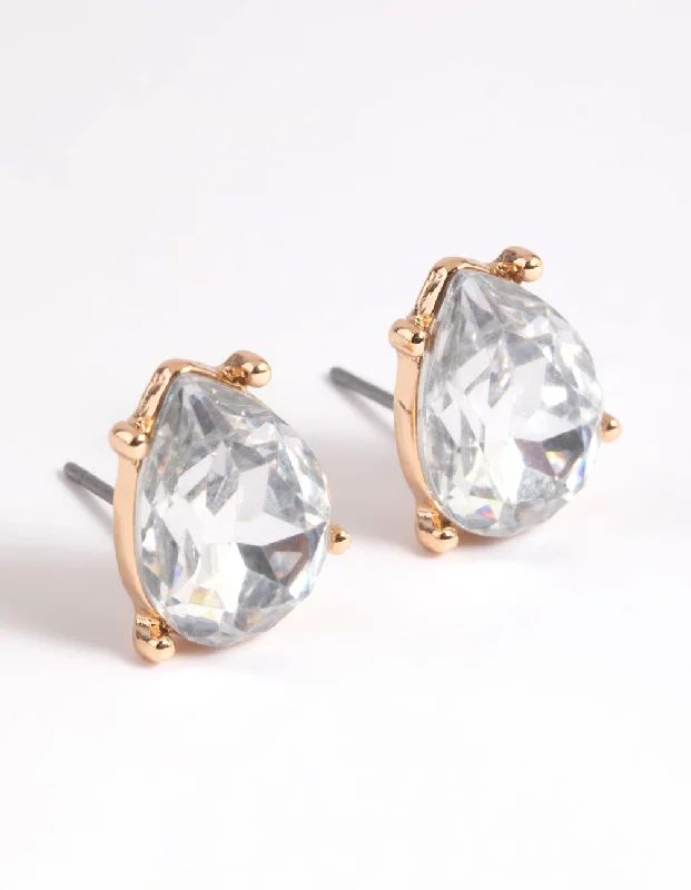 Geometric Stud Earrings-Gold Diamante Pear Stud Earrings