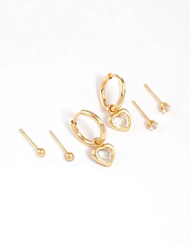 Long Tassel Earrings-Gold Plated Surgical Steel Chubby Heart & Stud Earrings Pack