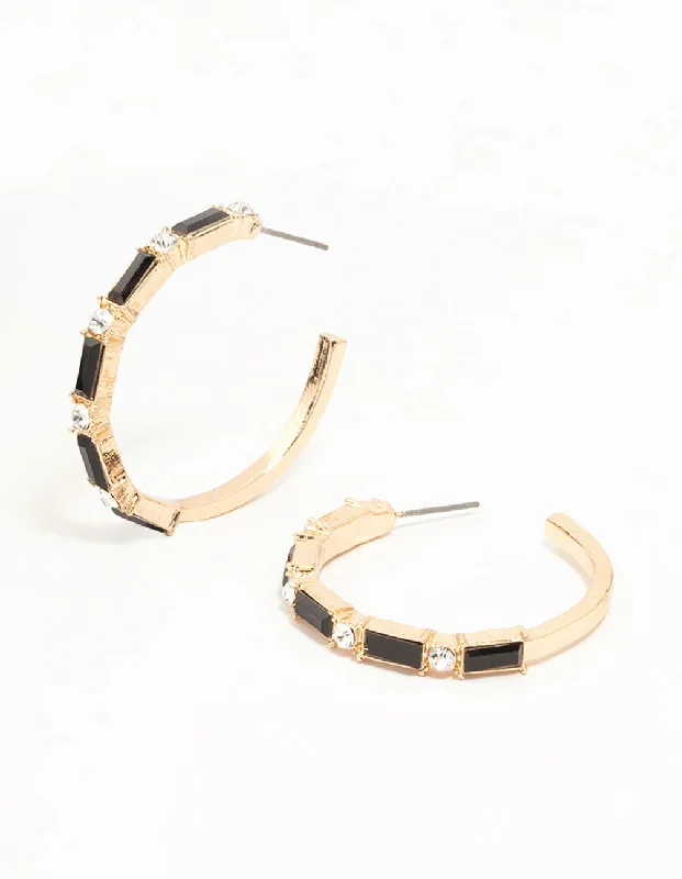 Pearl Hoop Earrings-Gold Baguette Cut Black Medium Hoop Earrings