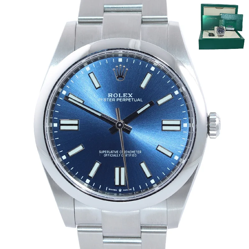 Rose Gold Luxury Watch-PAPERS Rolex Oyster Perpetual 41mm Blue Stick Oyster Watch 124300 Box