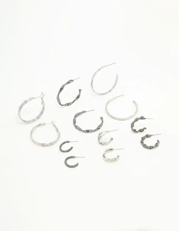 Classic Gold Earrings-Mixed Shade Silver Twisted & Sleek Hoop Earrings 6-Pack