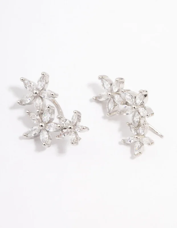 Fun Hoop Earrings-Silver Cubic Zirconia Graduating Flower Stud Earrings