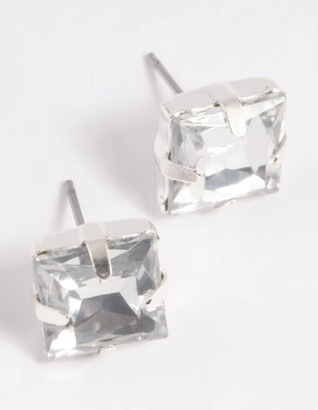 Pearl Ear Jackets-Silver Diamante Square Stud Earrings