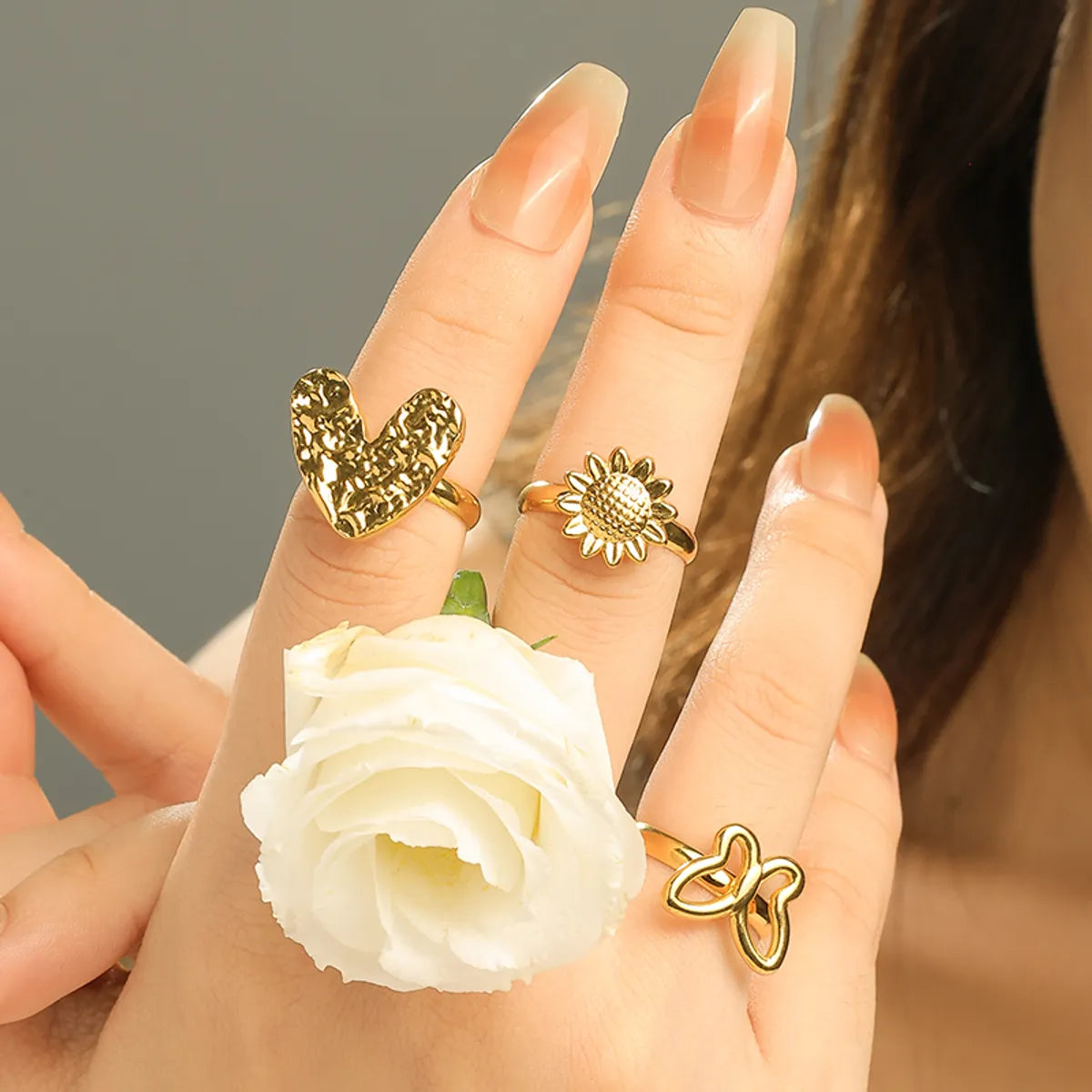 Wholesale Jewelry Cute Sweet Simple Style Sunflower Heart Shape Butterfly 304 Stainless Steel 14K Gold Plated Plating Hollow Out Adjustable Ring