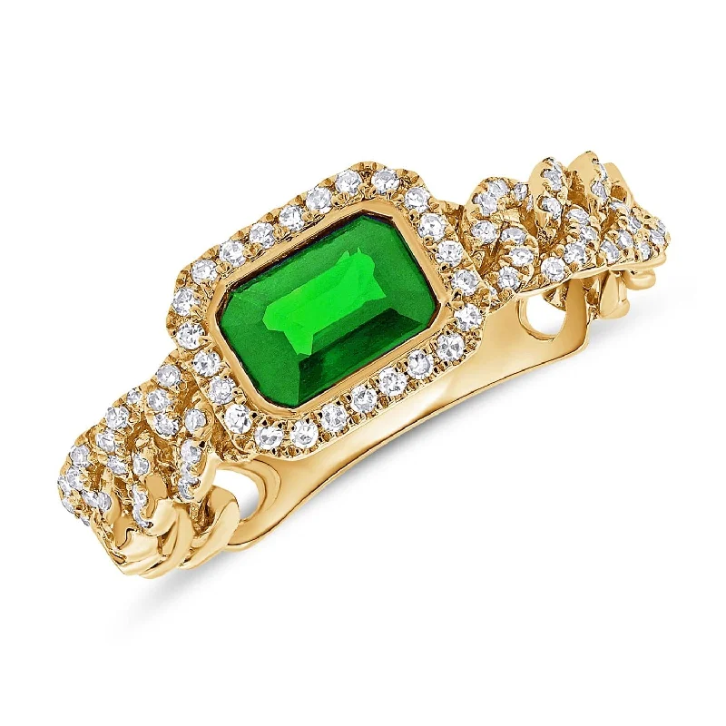 14k Gold Green Emerald & Diamond Link Ring