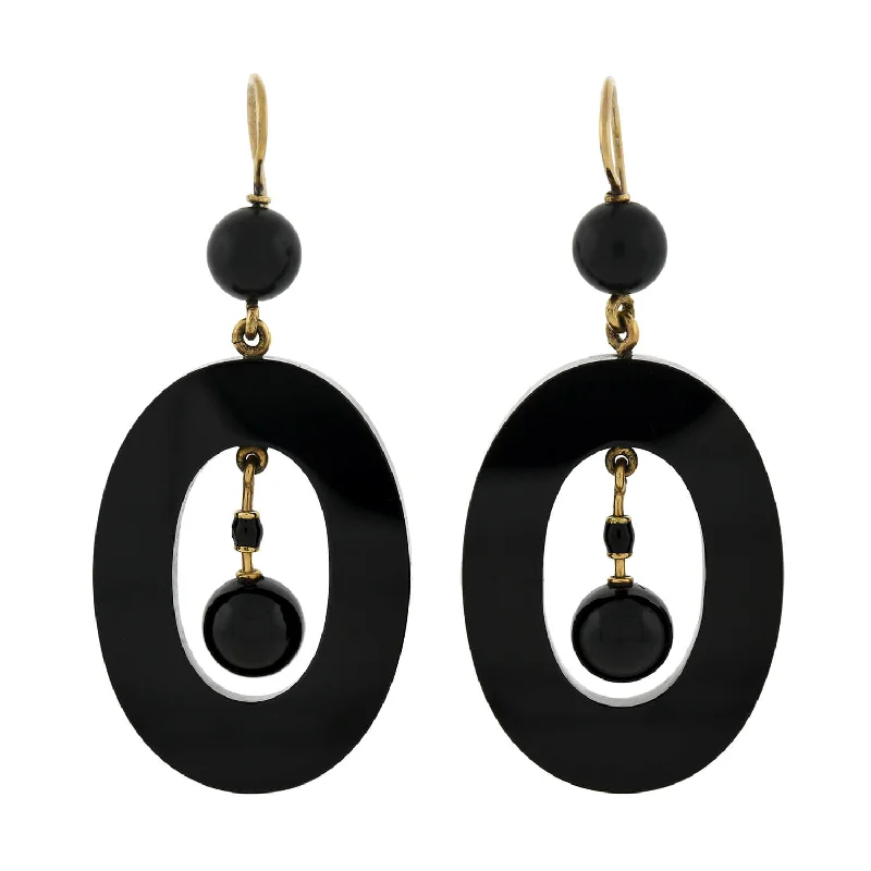 Double Drop Earrings-Victorian Large 14kt Carved Onyx Oval-Shaped Hoop Earrings