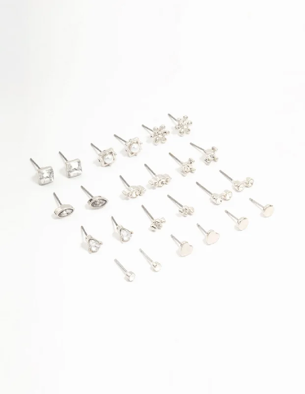 Double-Sided Earrings-Silver Diamante Stud Earrings 12-Pack