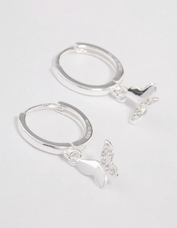 Trendy Drop Earrings-Sterling Silver Diamante Butterfly Huggie Earrings