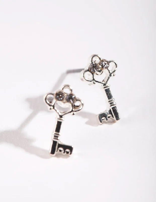 Luxury Chandelier Earrings-Silver Mini Diamante Key Stud Earrings