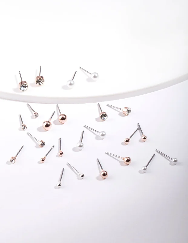 Adjustable Hoop Earrings-Rose Gold Tiny Diamante Earring 12-Pack