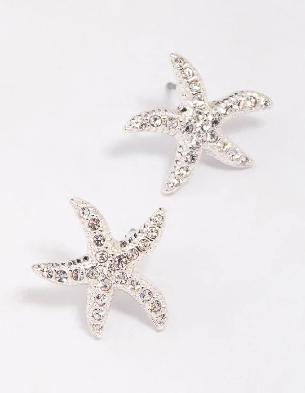 Bohemian Earrings-Silver Diamante Starfish Stud Earrings