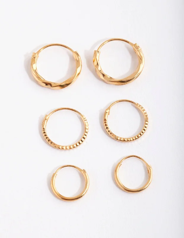 Chic Cuff Earrings-Gold Plated Sterling Silver Graduating Textured Hoop Earring Pack