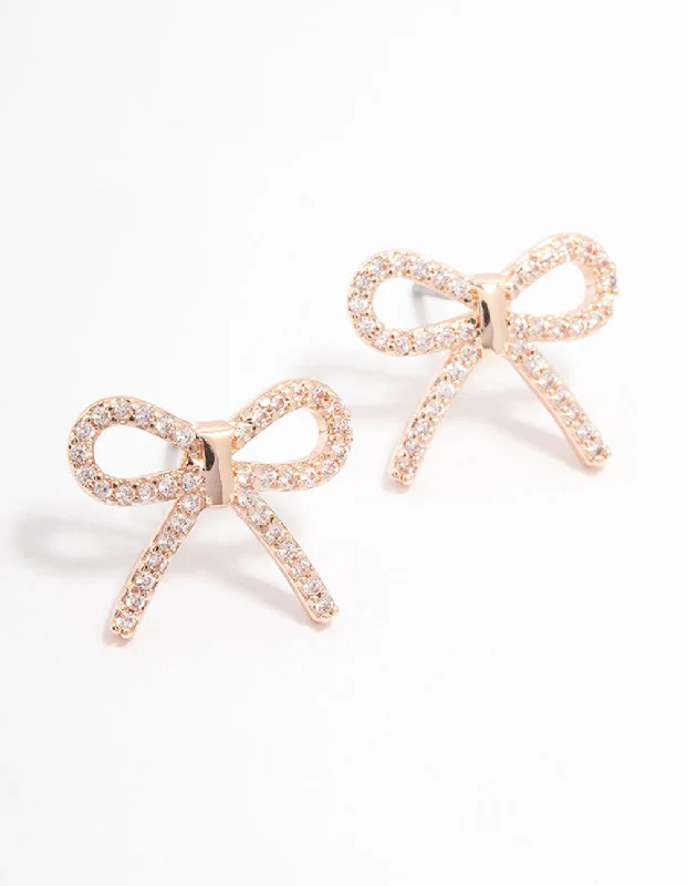 Statement Earrings for Weddings-Rose Gold Cubic Zirconia Bow Stud Earrings