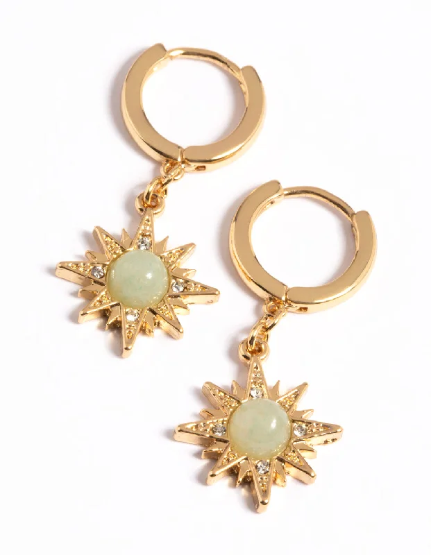 Cute Heart Earrings-Gold Plated Green Semi Precious Sun Earrings