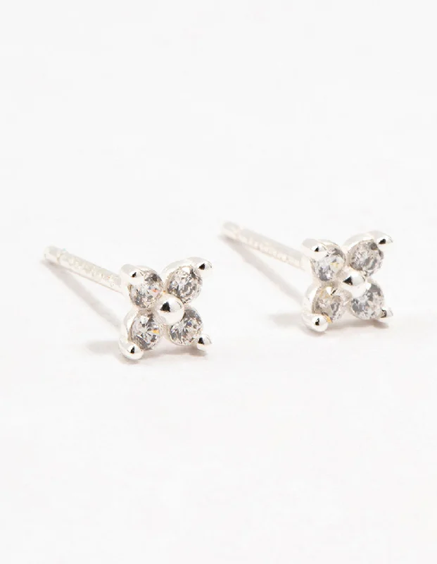 Elegant Ear Cuffs-Sterling Silver Cubic Zirconia Micro Flower Stud Earrings