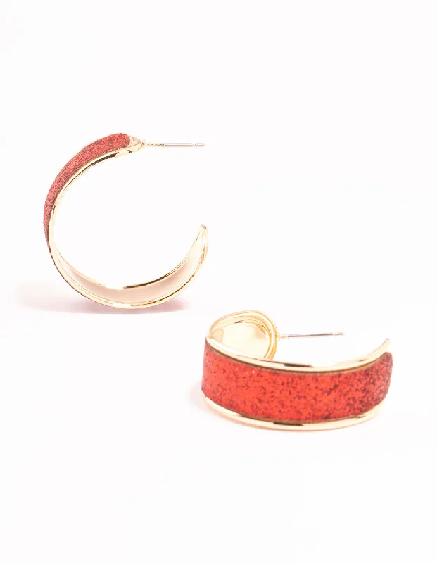 Elegant Chandelier Earrings-Gold Wide Red Glitter Hoop Earrings