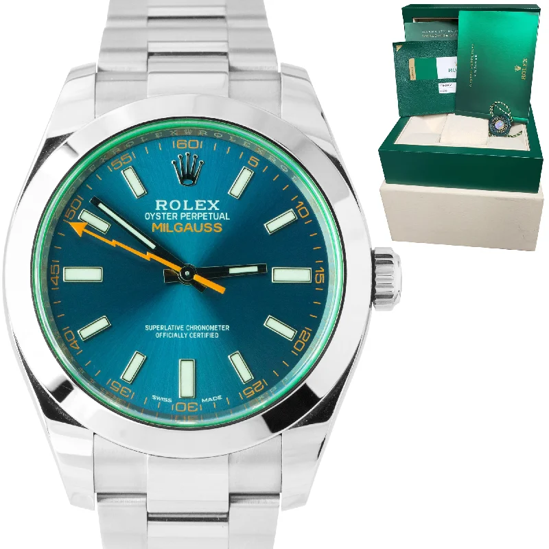 Black Stainless Steel Watch-Rolex Milgauss Z-Blue Green 40mm 116400 GV 40mm Stainless Steel Watch B+P