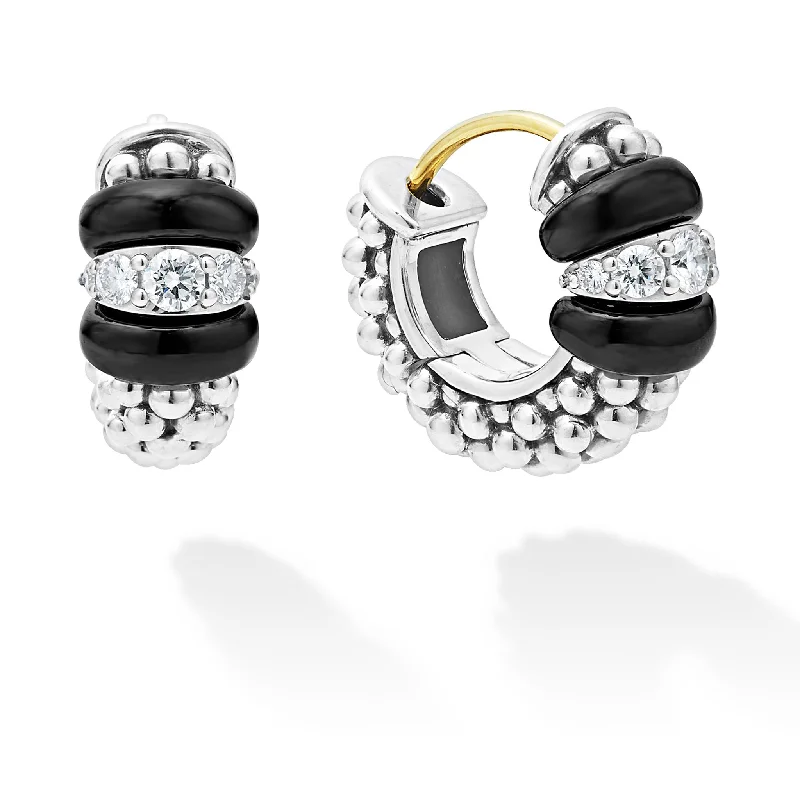 Clear Crystal Earrings-Black Caviar Ceramic and Diamond Huggie Earrings