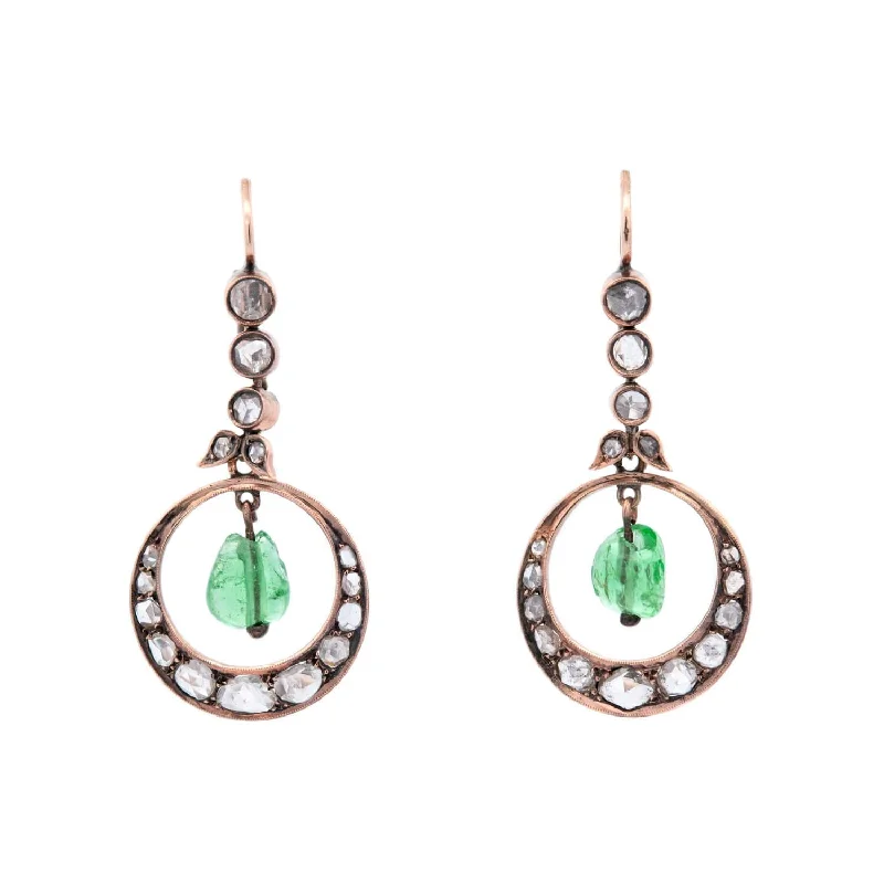 Dainty Pearl Earrings-Victorian 15k Diamond and Emerald Dangle Earrings 2ctw