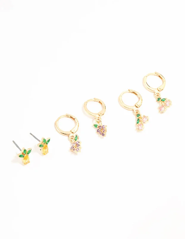 Artistic Earrings-Gold Mixed Fruit Studs & Huggie Earrings 3-Pack