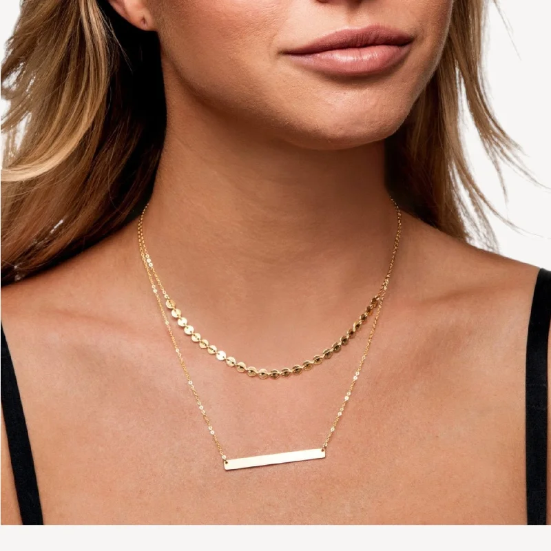 Unique Gold Pendant Necklace-Double Layer Tattoo Coin Skinny Bar Necklace, 1.75" Bar