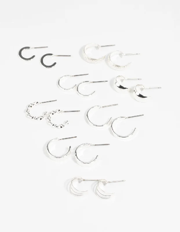 Glamour Diamond Earrings-Silver Textured Hoop Earring 8-Pack