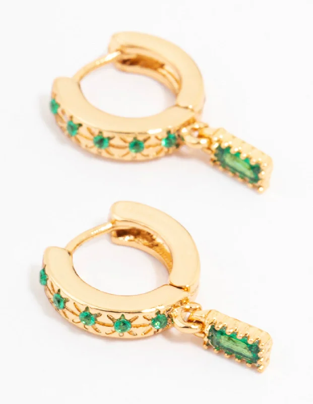 Funky Statement Earrings-Gold Plated Emerald Baguette Celestial Huggie Earrings