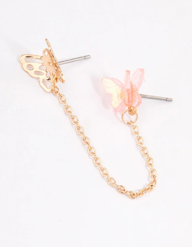 Long Silver Earrings-Gold Double Butterfly Chain Earrings