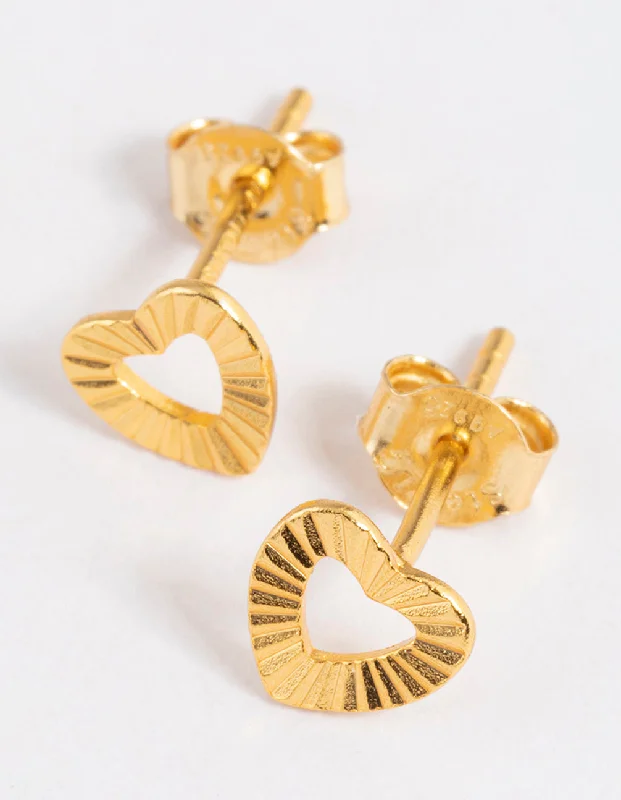 Handmade Gold Earrings-Gold Plated Sterling Silver Sunray Heart Stud Earrings