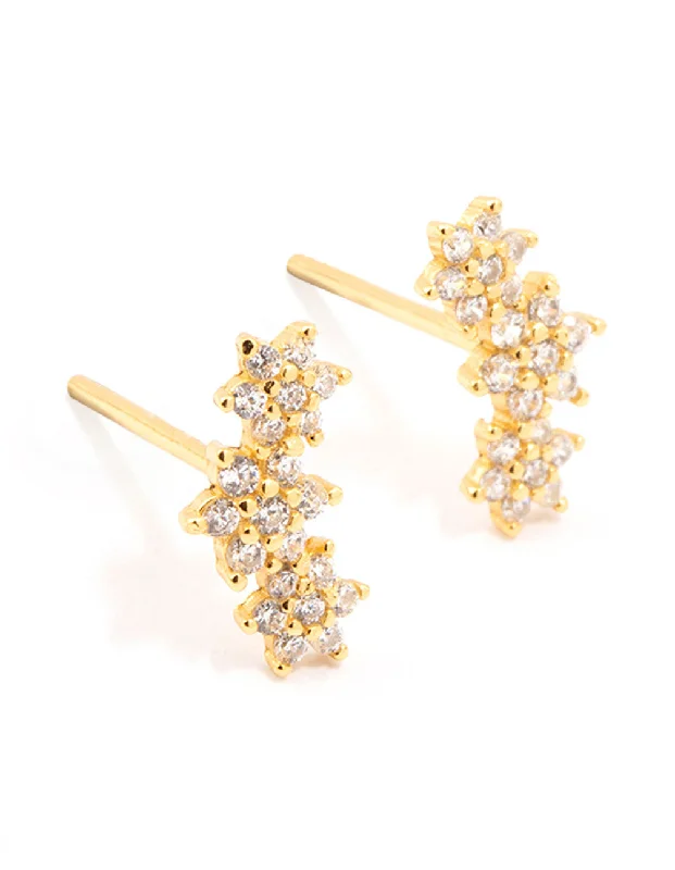 Silver Stud Earrings-Gold Plated Sterling Silver Cubic Zirconia Flower Trio Stud Earrings